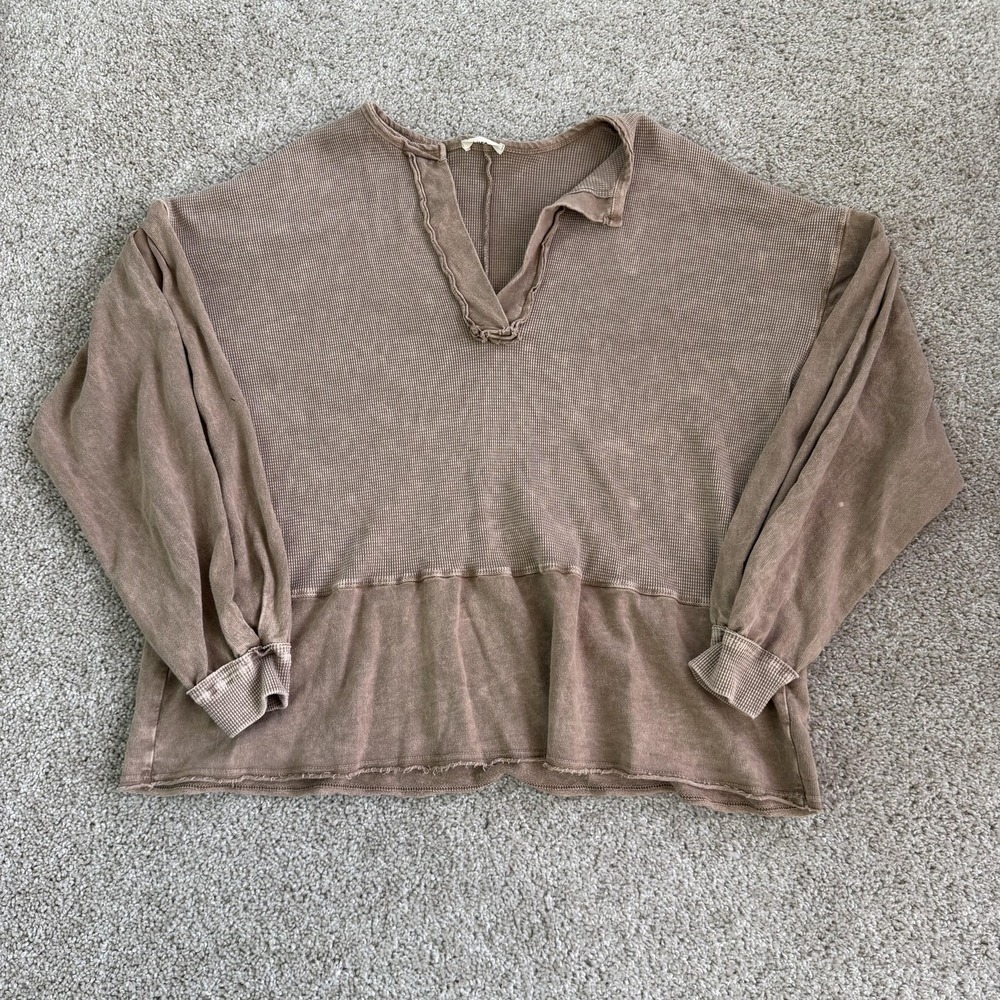J. HER Blouse Womens Small Brown V Neck Ruffle Hem Long Sleeve Tunic Top